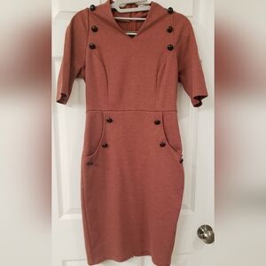 Womens Grace Karin retro, v neck belted, shift dress with pockets. Rust red. Sm